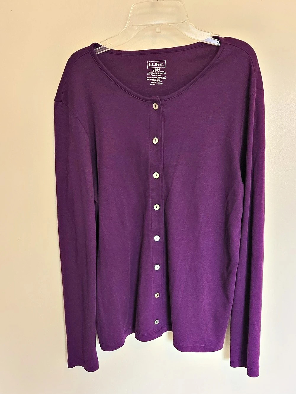 L.L. Bean Button Front Cardigan 100% Supima Cotton Purple L Outdoors Office